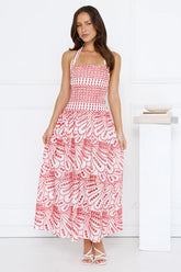 Leona Halter Embroidered Maxi Dress Red